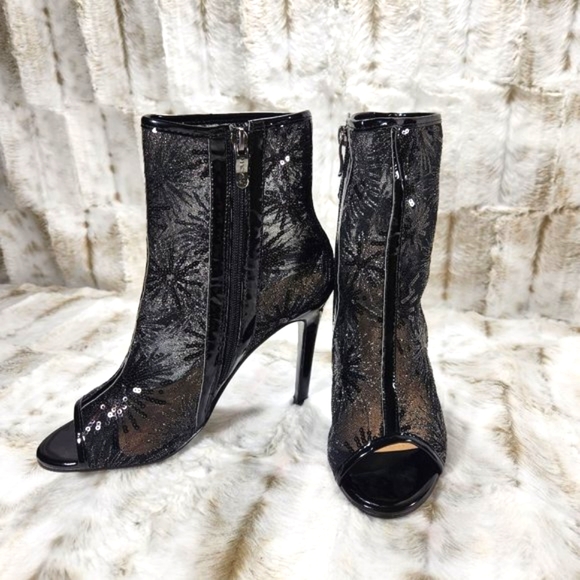 ☆ Mack J Black Mesh Starburst Sequin High Heel Ankle Boots - Picture 2 of 12